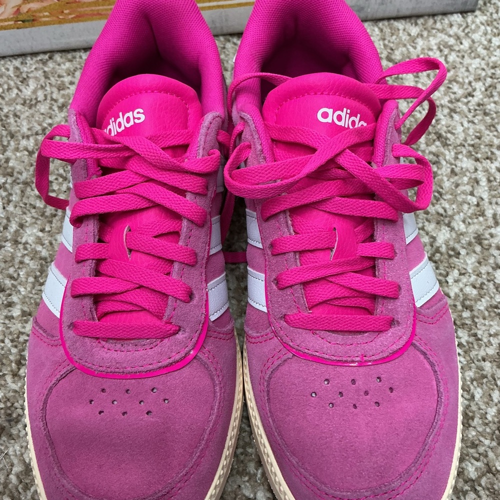adidas Hot Pink Suede Sneakers with White Stripes - Picture 5 of 10